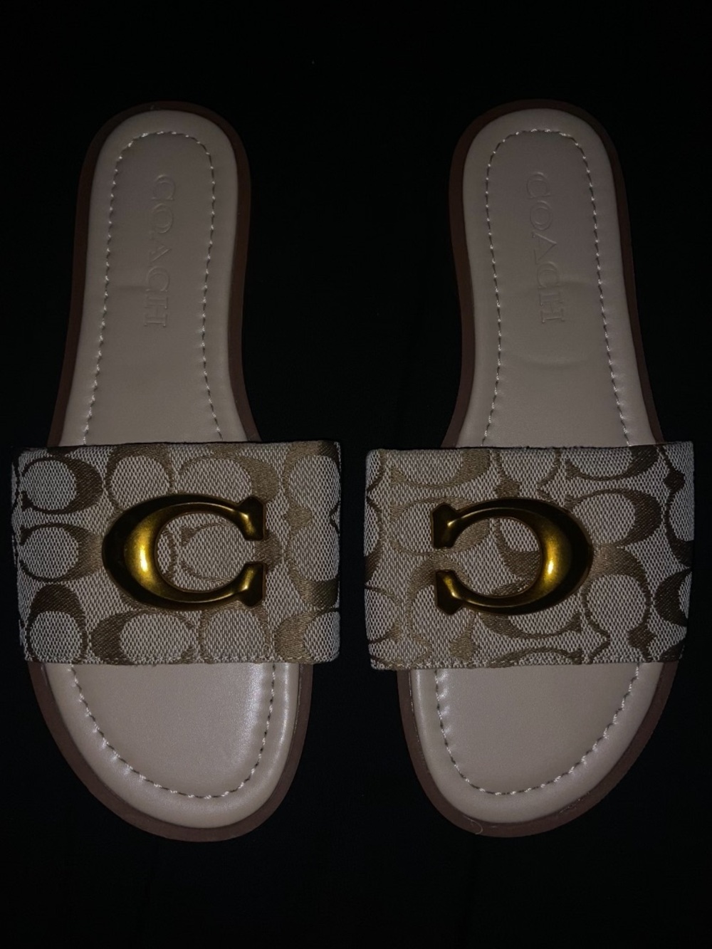 Coach Beige Signature Canvas Slide Sandals with Gold C Logo